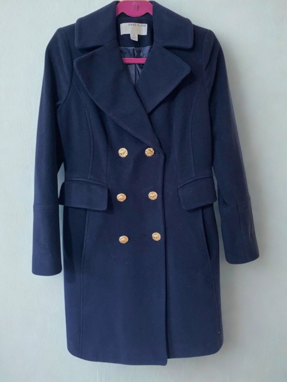 Anne Klein Navy Double Breasted Peacoat Gold Buttons Size 2